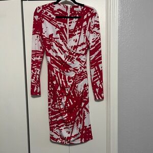 Calvin Klein Red White Print Long Sleeve Dress Career Party
